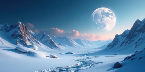 A snowy planet with a barren surface, icy mountains and a bright full moon in the sky , icy, glow