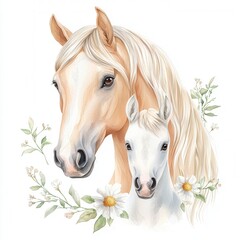 Obraz premium Cute watercolor mother and baby farm animals clipart concept. A beautiful illustration of a mare and her foal, surrounded by delicate flowers, showcasing the bond between them and the beauty of nature