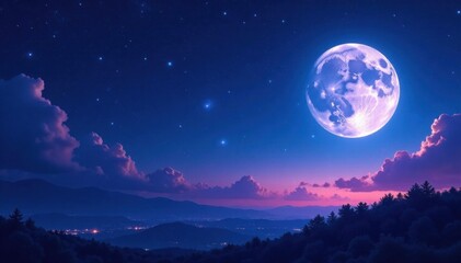 A starry night sky with a bright full moon and vibrant stars in shades of blue and purple, universe, twinkling