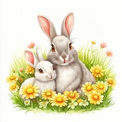 Cute watercolor mother and baby farm animals clipart concept. A charming illustration of two rabbits nestled among colorful flowers, capturing a serene and playful moment in nature