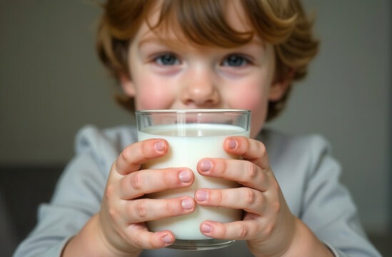 Glass of milk in child's hands, close up - Powered by Adobe