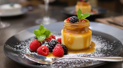 A delicious dulce de leche dessert sits elegantly on a plate, adorned with fresh berries and mint