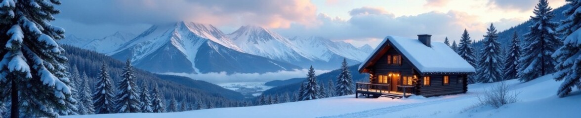 Obraz premium Cozy winter cabin surrounded by snow-covered mountains and pine trees, snow covered mountains, winter retreat