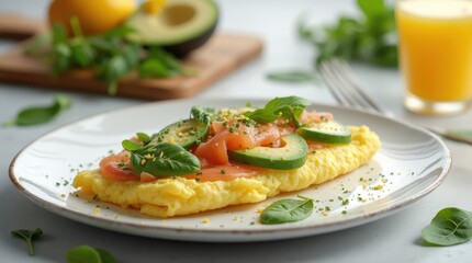 Fluffy omelette topped with salmon, avocado, and fresh spinach for a nutritious breakfast