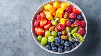 Top view of colorful fruit mix with nuts in a bowl. Healthy breakfast concept. Fresh fruit, raw food
