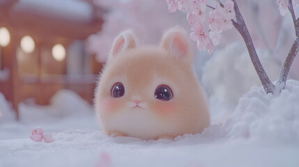 Concept: Winter Spring Holiday: New Year, Design: Card of adorable Bunny With Cherry Blossom