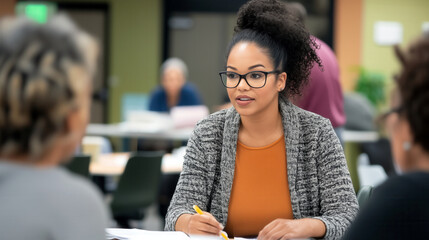 Community Focused. A kind African American woman officer, Community member discussions at town centers for helping people.