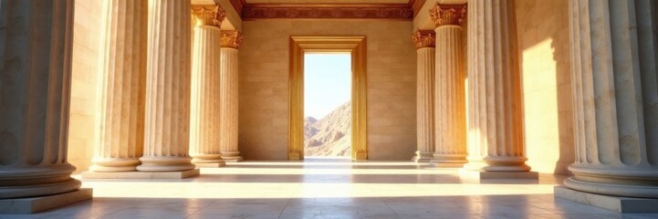 Fototapeta premium Ancient Greek temple architecture with golden frames and columns on a marble floor, architecture, greek, marble