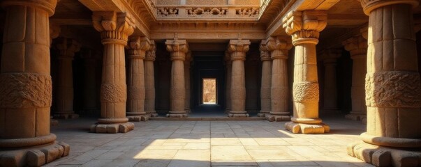 Naklejka premium Ancient stone temple with intricate carvings and columns in a serene environment, ancient, old