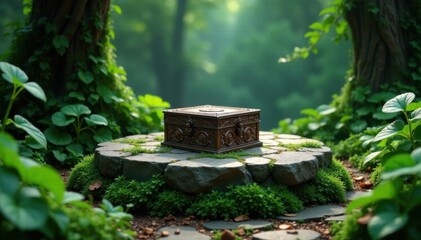 Ancient stone pedestal surrounded by lush greenery and vines, with a small, intricately carved wooden box in the center , wood, outdoor