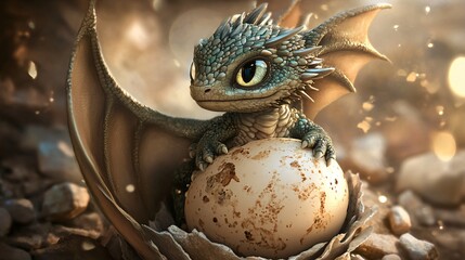 Newborn Baby Dragon Emerging From Eggshell - Fantasy Creature Hatchling Image
