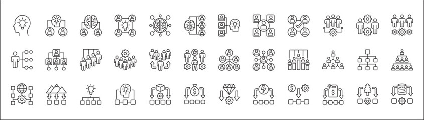 People connection in business icon set. Human resources development icon. Company asset icons. Icons set containing hierarchy, management, leadership, cooperation, idea, thinking, position, occupation