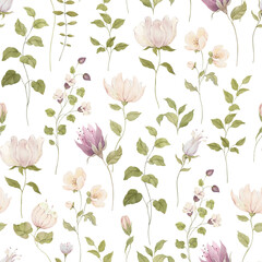 Watercolor pattern with abstract flowers and green plants, isolated seamless print for wallpapers, fabric or textile in interior. Hand drawn floral design.