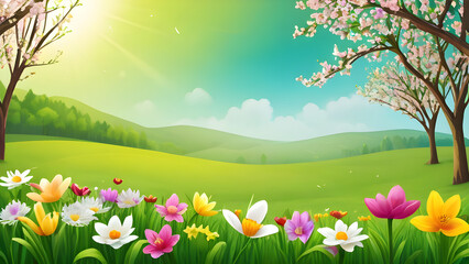 Fototapeta premium Blooming flowers and cherry trees welcoming spring in a sunny green valley