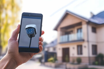 Hand Holding Smartphone Displaying Security Camera Near Modern Family House
