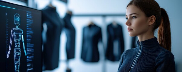 strategic marketing sales strategy trend analysis  concept. A woman analyzes digital data in a modern fashion studio.