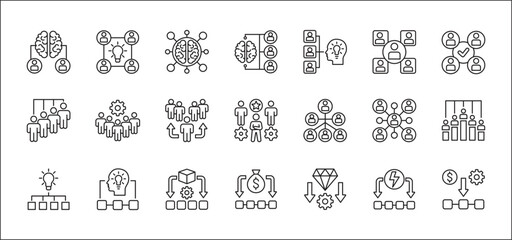 People connection in business icon set. Human resources development icon. Company asset icons. Icons set containing hierarchy, management, leadership, cooperation, idea, thinking, position, occupation