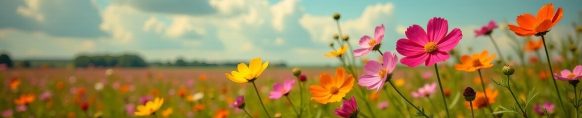 Obraz premium Vibrant vintage cosmos flowers in a rustic field setting, colorful, blooms