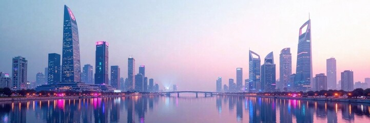 Obraz premium Futuristic cityscape with sleek skyscrapers and neon lights on a white background, cityscape, cityscape at night