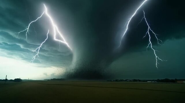 Tornado masivo con rel&aacute;mpagos sobre campo abierto