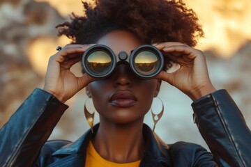 Young black woman holding binoculars and exploring nature, enjoying outdoor activity and seeking adventure in natural environment
