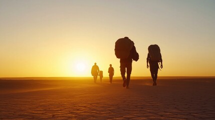 Hikers trek across vast desert landscape at sunset with heavy backpacks
