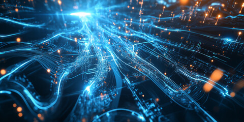 A futuristic 3D background of a colossal AI supercomputer core, pulsing with electric-blue energy. Thousands of interconnected cables form a neural network, while glowing data streams race along its