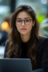 Young woman with long brown hair wearing glasses, using laptop