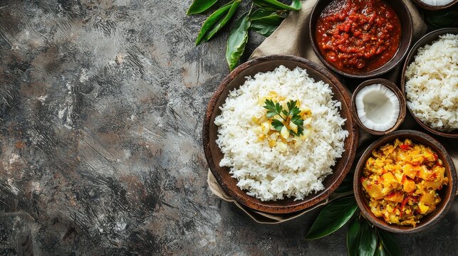 Traditional Sri Lankan breakfast: kiribath (milk rice) with lunu miris and coconut sambol. Top view with space for copy.