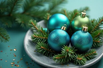 Glass baubles in shades of blue and green arranged artfully on a decorative platter with evergreen branches , winter decorations, blue and green colors