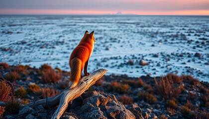 A lone red fox sits perched atop a weathered log, overlooking a vast, snow-covered landscape bathed in the warm glow of a setting sun.