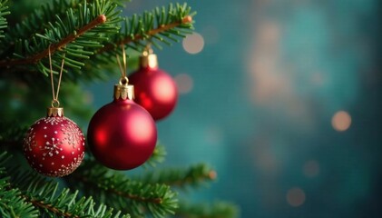 Obraz premium Holiday decoration with colorful ball ornaments hanging from a Christmas tree branch , holly, winter