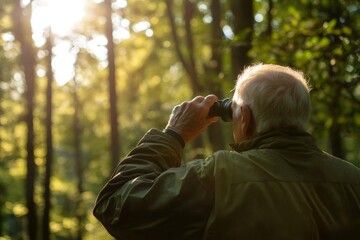 Elderly man using binoculars in a forest during a sunny day, enjoying birdwatching and connecting with nature
