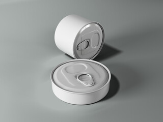 White Tin Cans with Pull Tabs on Gray Background