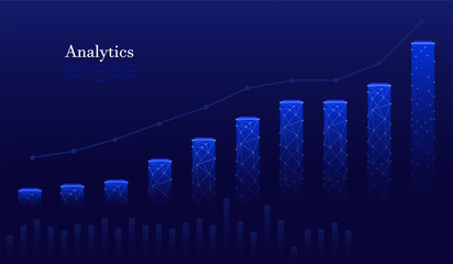 Analytics growth chart. Increasing bar graph polygonal connections data points blue background. Digital finance, business statistics, market trends, data visualization, futuristic economic analysis