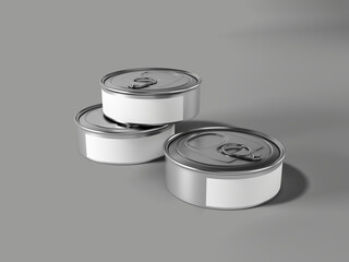 Stack of Blank Tin Cans with Pull Tabs on Gray Background
