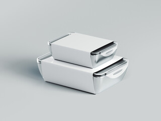 Stack of Modern White and Silver Lunchboxes on Light Gray Background
