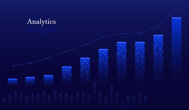 Analytics growth chart. Increasing bar graph polygonal connections data points blue background. Digital finance, business statistics, market trends, data visualization, futuristic economic analysis