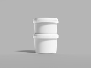 Stack of White Plastic Food Containers with Lids on Gray Background
