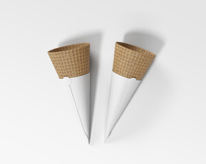 Waffle Ice Cream Cones in White Paper Sleeves on White Background