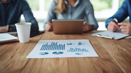 strategic marketing sales strategy trend analysis  concept. Collaborative workspace with charts, coffee, and digital devices.