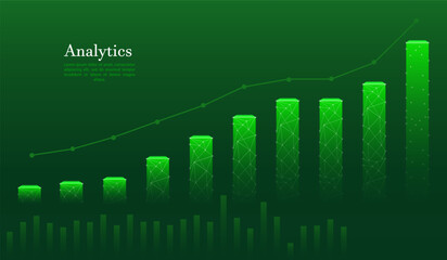 Analytics growth chart. Green bar graph with polygonal connections and data points on a dark background. Business statistics, financial progress, market trends, data visualization, economic analysis