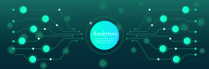 Digital analytics network. Futuristic circuit board design with interconnected nodes and glowing elements on a dark background. Data processing, artificial intelligence, big data, machine learning
