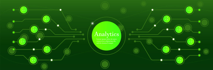 Digital analytics network. Futuristic circuit board design with interconnected nodes and glowing elements on a dark background. Data processing, artificial intelligence, big data, machine learning