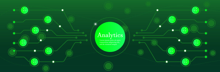 Digital analytics network. Futuristic circuit board design with interconnected nodes and glowing elements on a dark background. Data processing, artificial intelligence, big data, machine learning