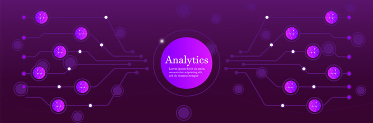 Obraz premium Digital analytics network. Circuit board interconnected nodes glowing elements on a dark background. Data processing, artificial intelligence, big data, machine learning, and technology innovation