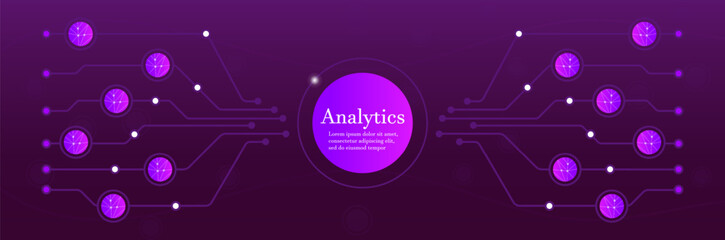 Digital analytics network. Circuit board interconnected nodes glowing elements on a dark background. Data processing, artificial intelligence, big data, machine learning, and technology innovation