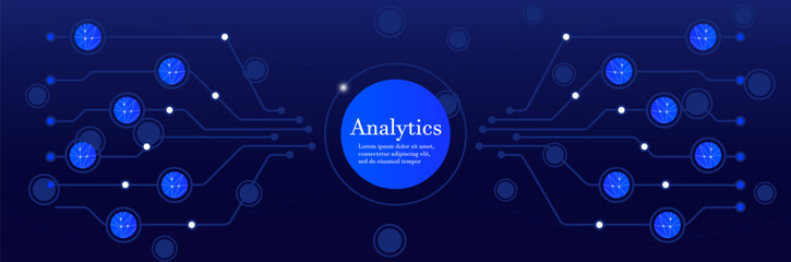 Digital analytics network. Circuit board interconnected nodes glowing elements on a dark background. Data processing, artificial intelligence, big data, machine learning, and technology innovation