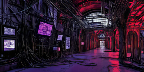 Obraz premium A cyberpunk 3D background of a hidden hacker lair inside an abandoned train station. Walls are covered in tangled wires, flickering monitors display encrypted messages, and a central AI core hums with