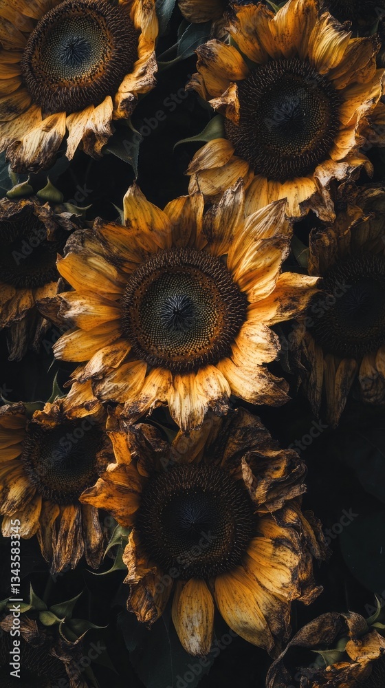Poster sunflowers with rich yellow and brown hues create a striking contrast as they bloom and wither toget